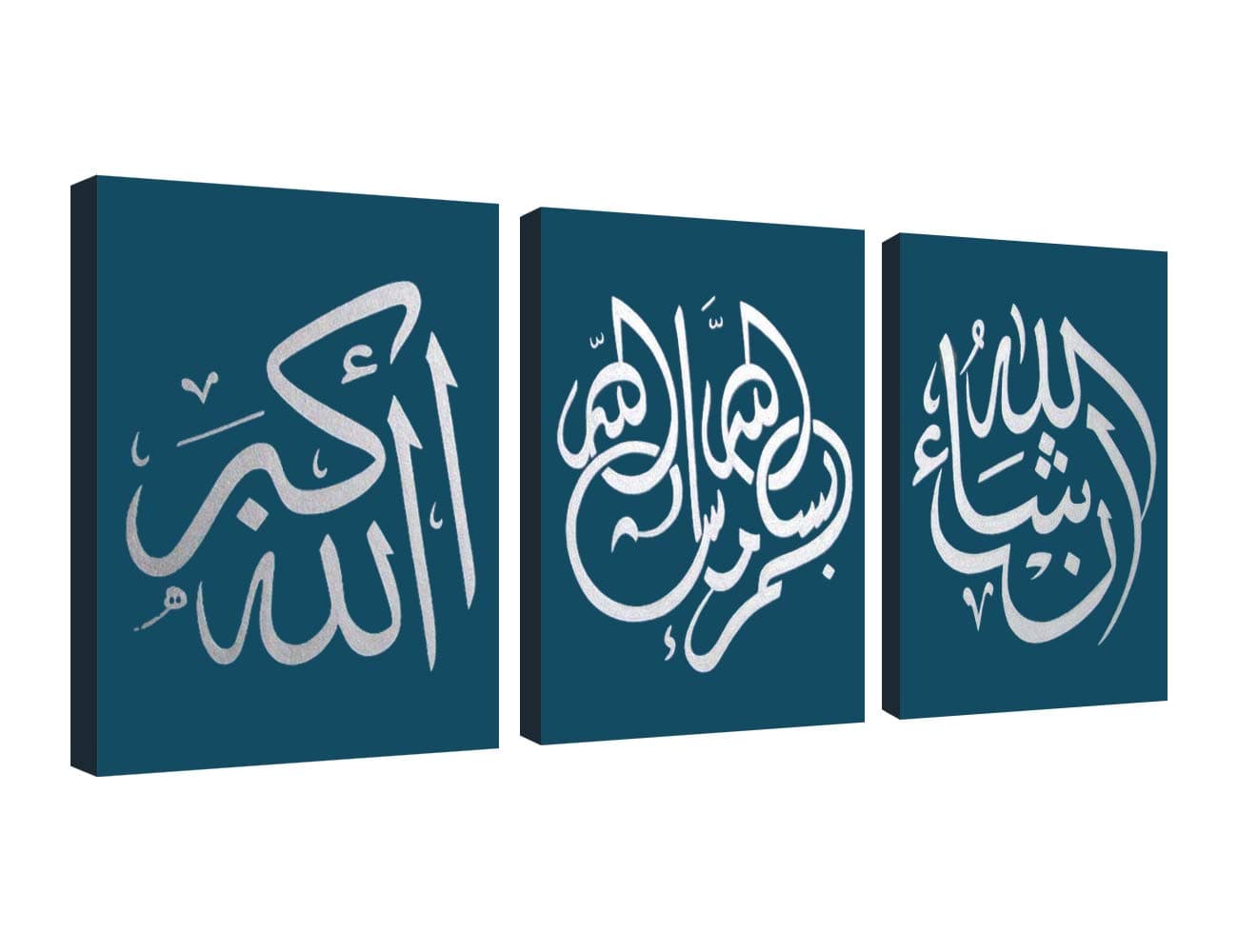 Handmade Arabic Islamic Calligraphy Oil Paintings on Canvas Pictures Wall Art 3 piece for Living Room Home Decorations Wooden Framed, Green Silver, 36 x 16 Inches