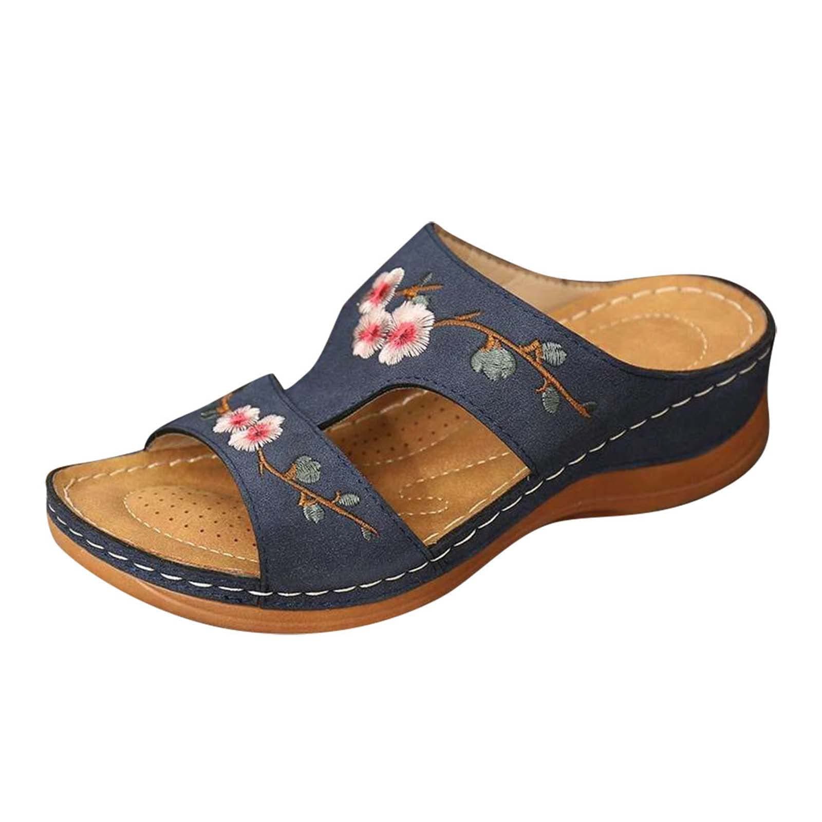 HAOLEI Womens Orthopedic Shoes Sale Clearance Comfy Sliders Summer Flat Leather Sandals Embroidery Flower Low Wedge Open Toe Breathable Slippers Sandals Ladies UK Size 3-7.5