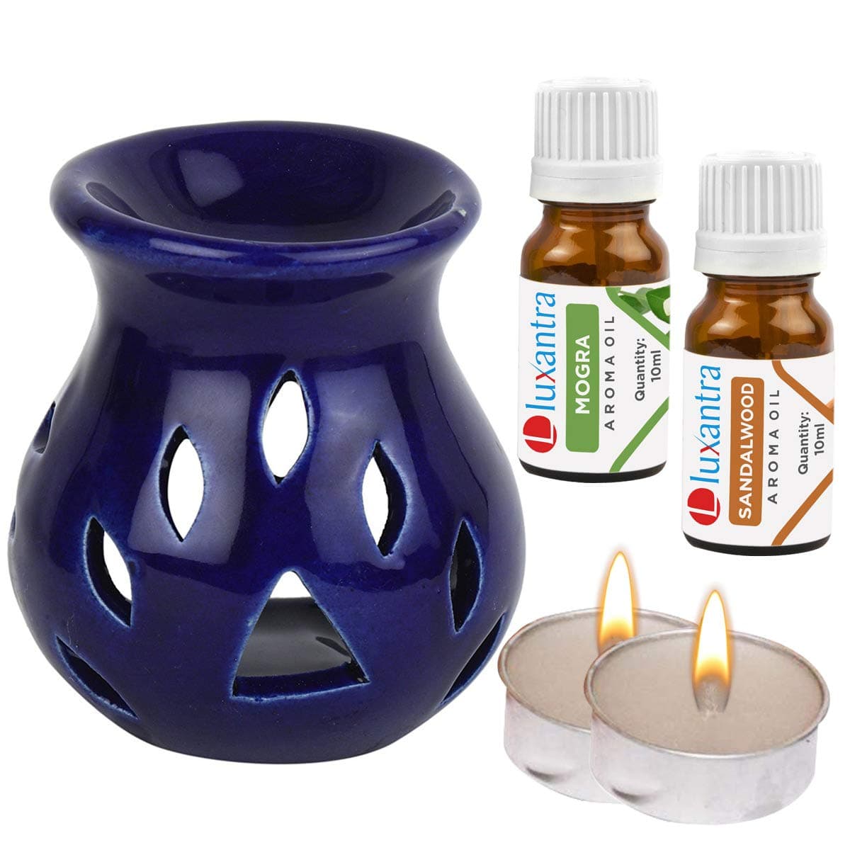 Luxantra Ceramic Aroma Oil Burner and Diffuser with Sandalwood Mogra Oil and 2 Free Tealight Candles | Home Office Spa Fragrance Set | Decorative Oil Burner for Relaxation and Aromatherapy