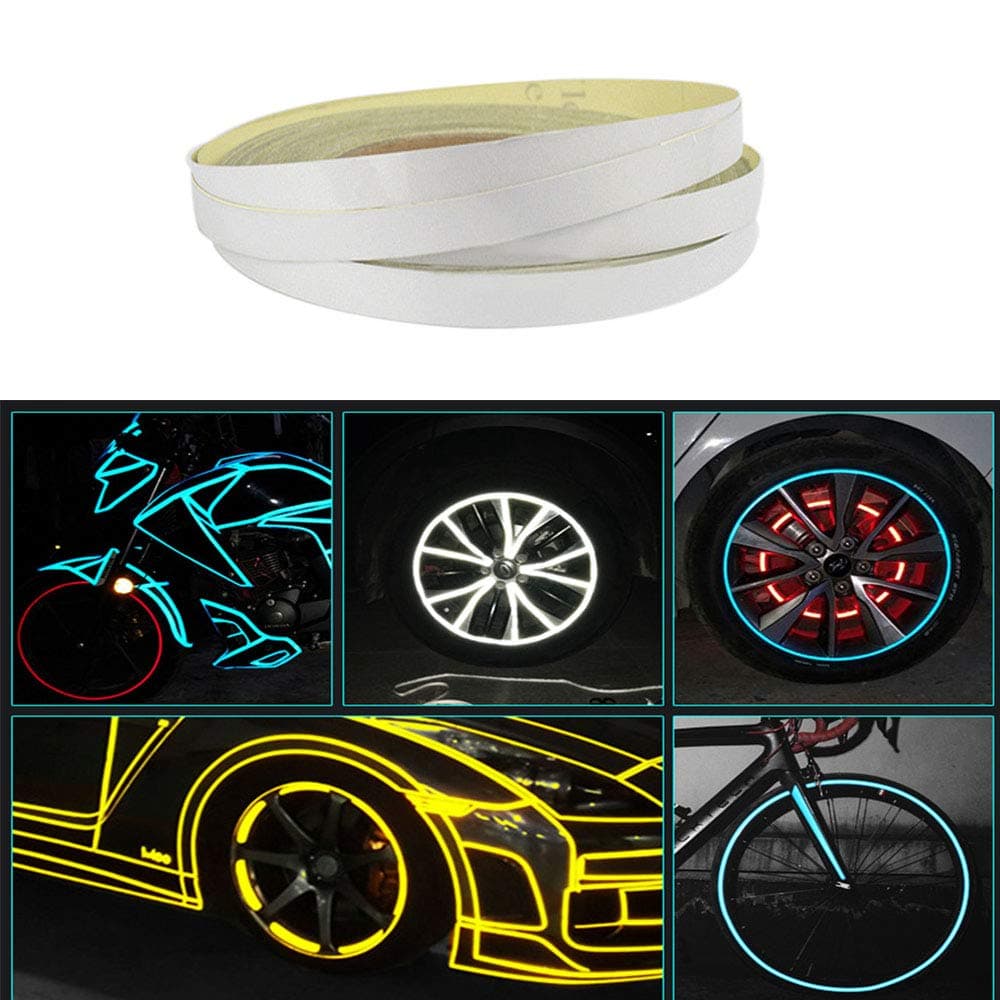 HuiHai 10mmx5m Reflective Tape Car Stickers Wheel Bike Motorcycle DIY Light Luminous Warning Glow Dark Night Tapes Safety Styling Accessories - 2 Pieces (White)