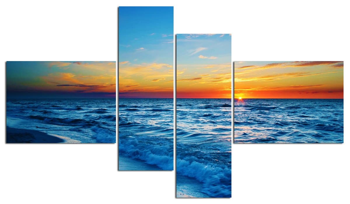 Water Art Canvas Painting Framed Modern Wall Art Picture Landscape Ocean Seascape Ocean Sunset Sky Home Decor Living Room (48"W x 28"H (16"x12" x2pcs, 8"x24" x2pcs) Framed, Blue Orange)