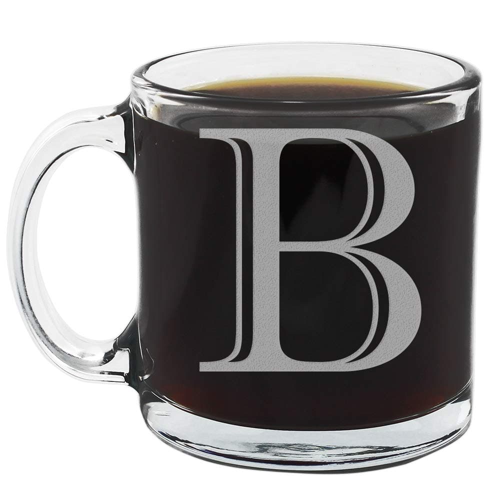 Etched Monogram 12oz Clear Glass Coffee Mug (Letter B), A-Z Customized Gifts for Coffee Lovers, Custom Engraved Gifts for Women Her, Personalized Gift for Men, Initial