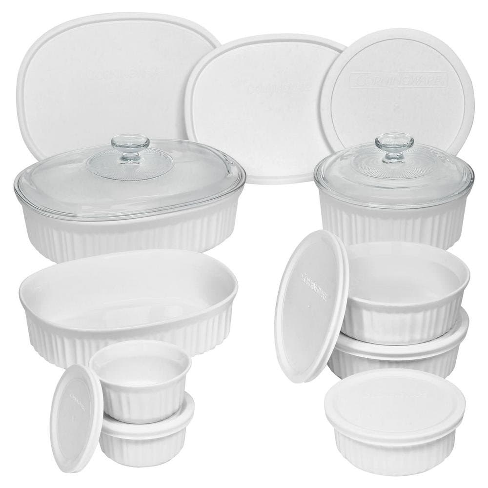 Durable Non-Porous French White 18 Piece Ceramic Made and Oven and Microwave Safe Bakeware Set with Lid by CorningWare