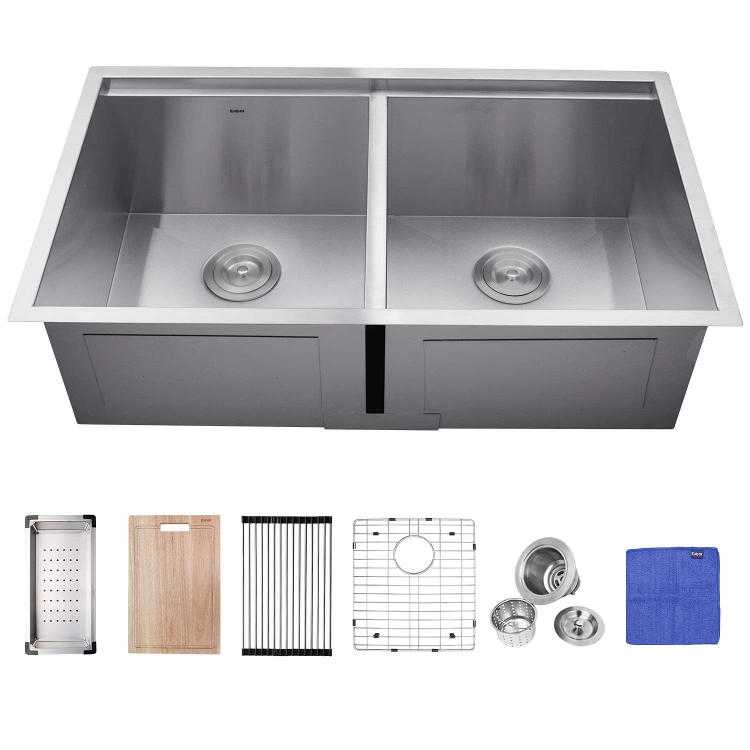 Enbol 33 Inch Workstation Undermount Sink 50/50 Double Bowl Stainless Steel Kitchen Sink with Colander, Wood Cutting Board, Roll-up Rack, Bottom Grid and Strainer