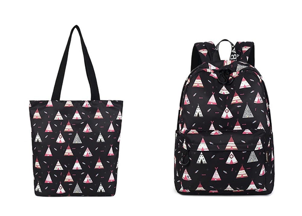 Winnerbag Fashion Waterproof Women Backpack Cute House Pattern Printing High Capacity Girls College Laptop Bookbags Black set 15 Inches