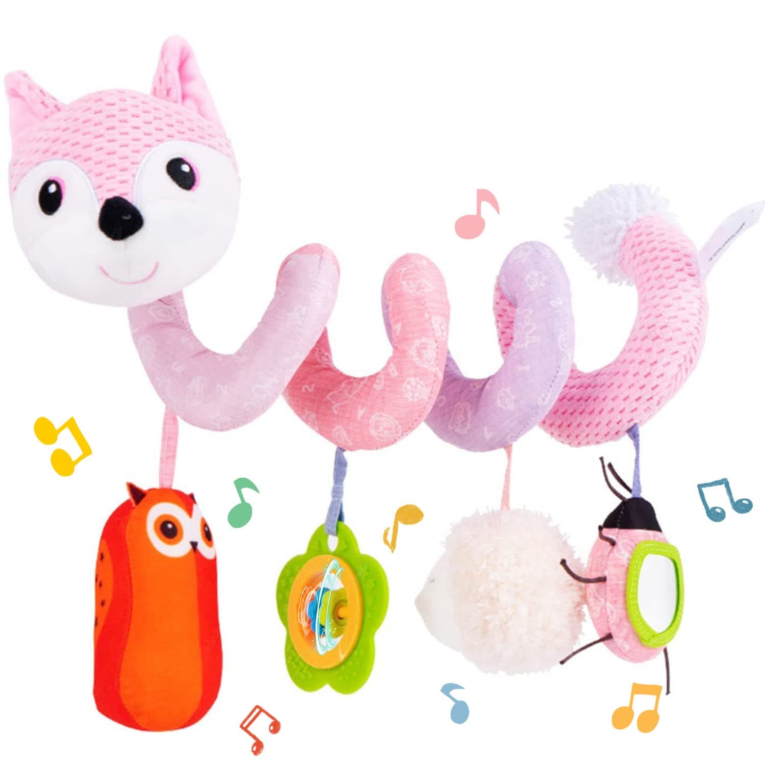 KotySpiral Pram Toys for Babies, Pushchair Stroller Car Seat Cot Crib Toys for Baby Boys Girls 0 3 6 9 12 Months, Plush Activity Rattle Hanging Toy Sensory Gift for Newborn Infant (Pink Fox)