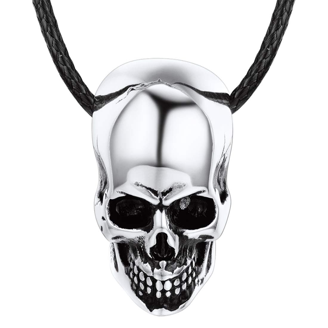 Men Women Vintage Silver Black Skull Necklace Stainless Steel Gothic Jewelry with Black Leather Cord Chain 22 Inch