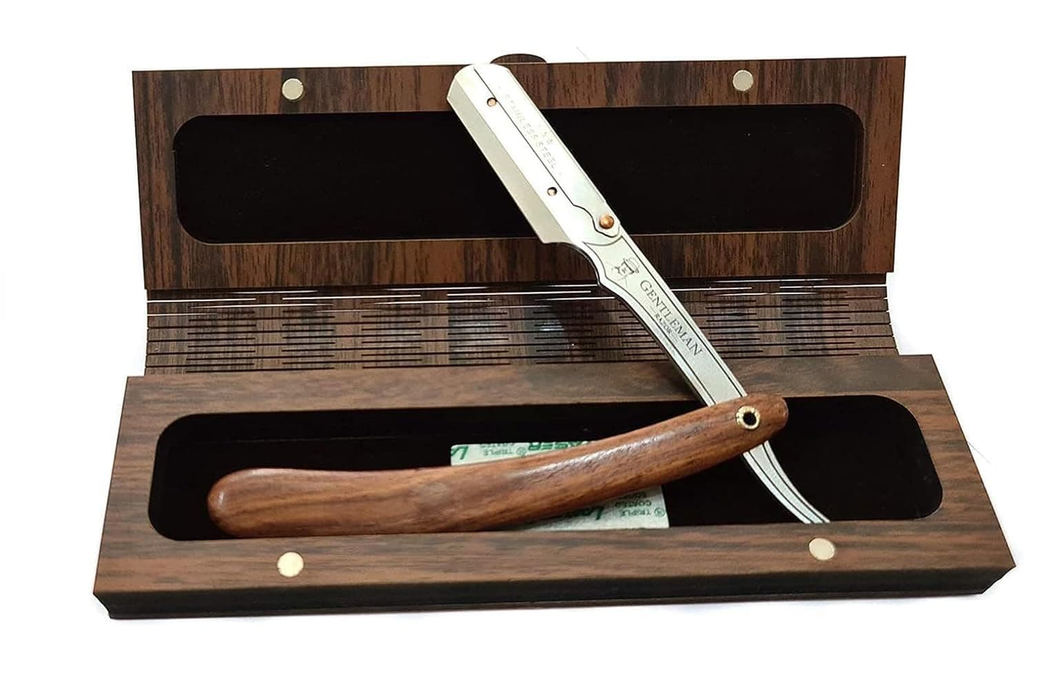 Men Gentleman Barber Wooden Razor With Premium Stainless Steel Blade - Classic Straight Design - Ergonomic Grip - Wooden Box For Elegance And Convenience - Timeless Grooming