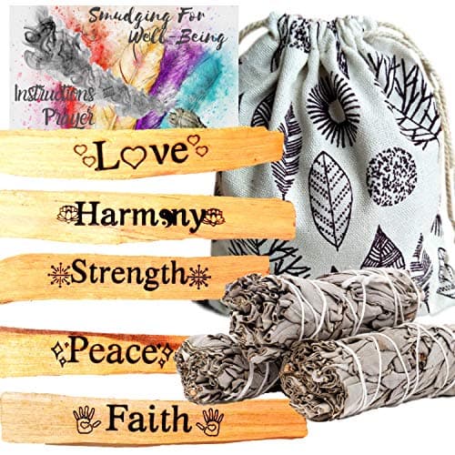 Palo Santo and Sage Engraved Smudge Prayer Ritual Incense Kit, Palo Santo Sticks Etched, Palo Santos Incense Sticks,Instructions,Smudge Bag (5 Intentions Holy Wood, 3 Sage Stick Gift Kit, 10 Piece)