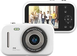 4K Digital Camera Camcorder 48MP Digital Video Camera 2.4 Inch Screen 16X Digital Zoom Anti-shake Face Detection Beauty Effect Motion detection Built-in Flash Battery (White)