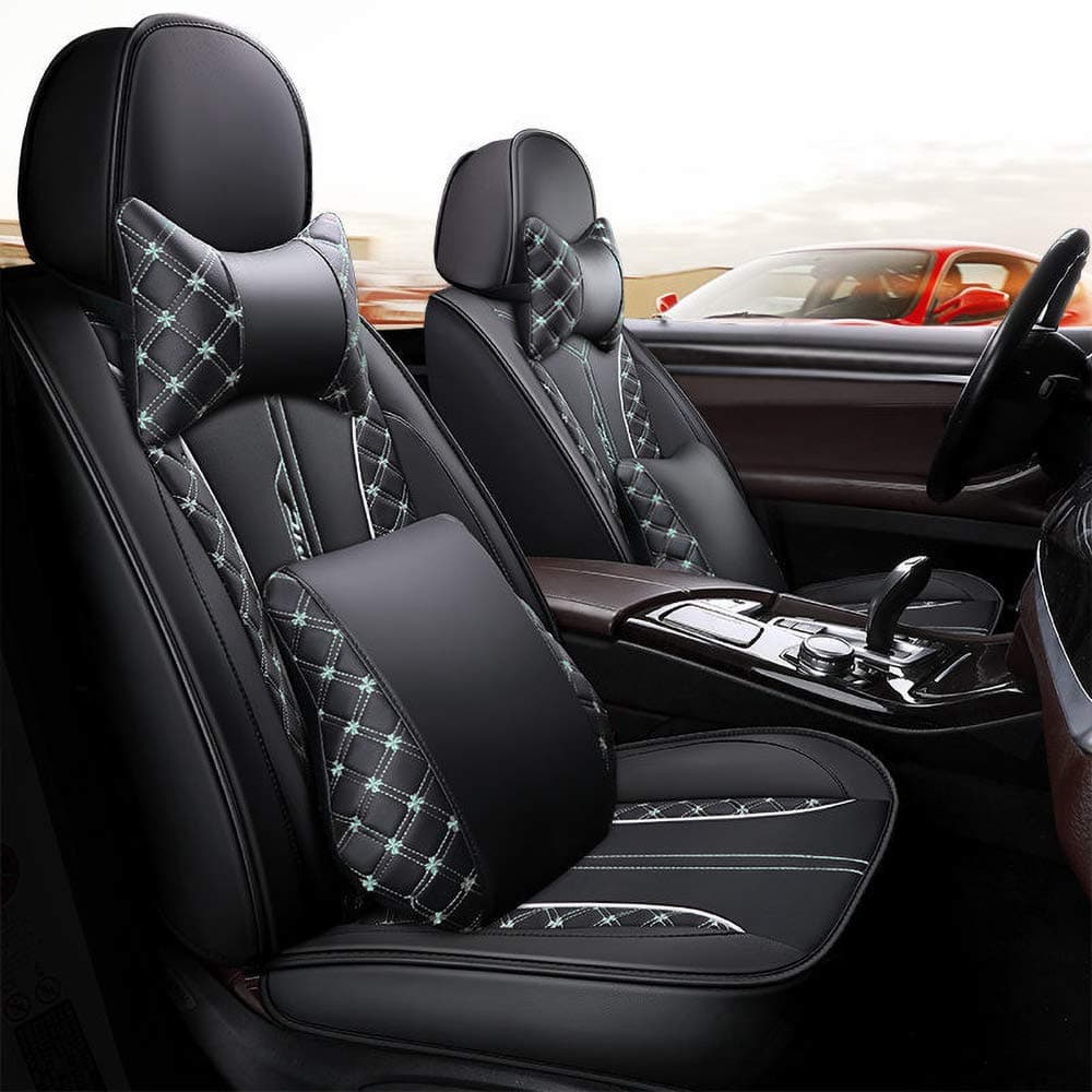 kangsheng Car Seat Covers Seat Covers for Cars PU Leather,5 Seats Universal Automotive Interior Seat Cover for Toyota Mazda Volkswagen Hyundai Kia Lada Nissan (Black Green,Deluxe Edition)