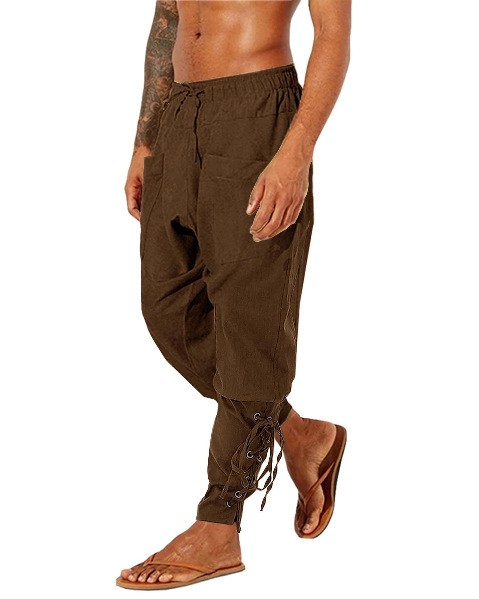 Mens Medieval Trousers Linen Viking Pirate Costume Pants Slim Fit M-3XL