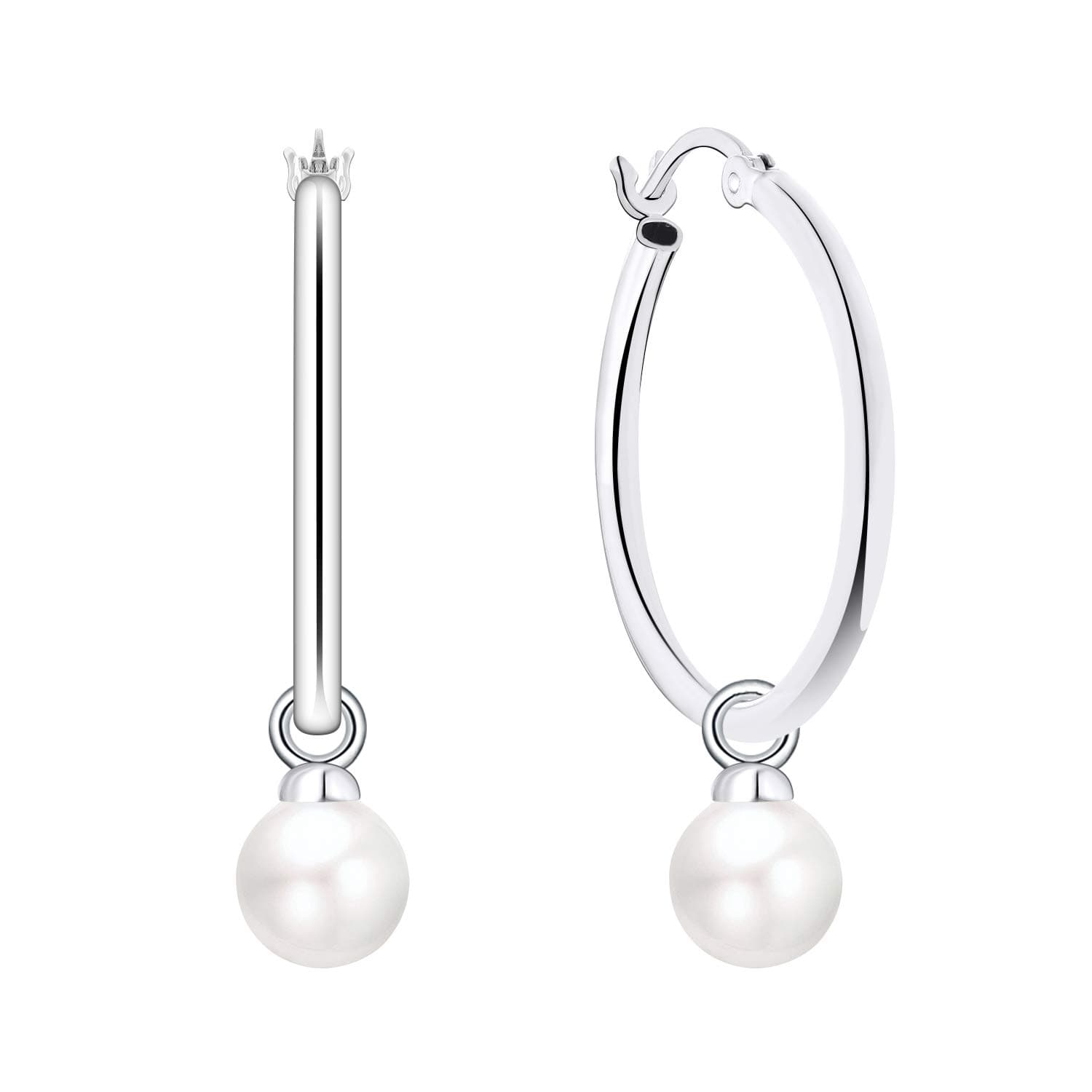 925 Sterling Silver Hoop Earrings with Simulated Danlge Pearl(white/Black)