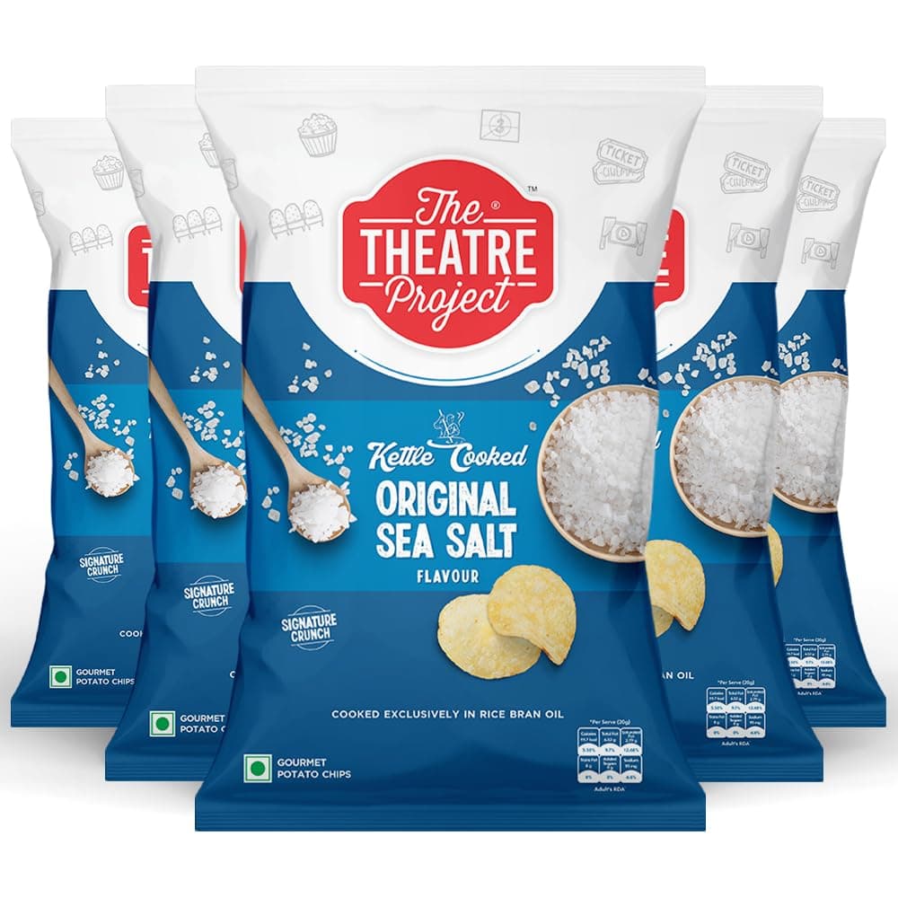 The Theatre Project Kettle Cooked Potato Chips - Original Sea Salt Flavor, Crispy & Delicious Snack Combo Pack of 5 Pouches (410g)