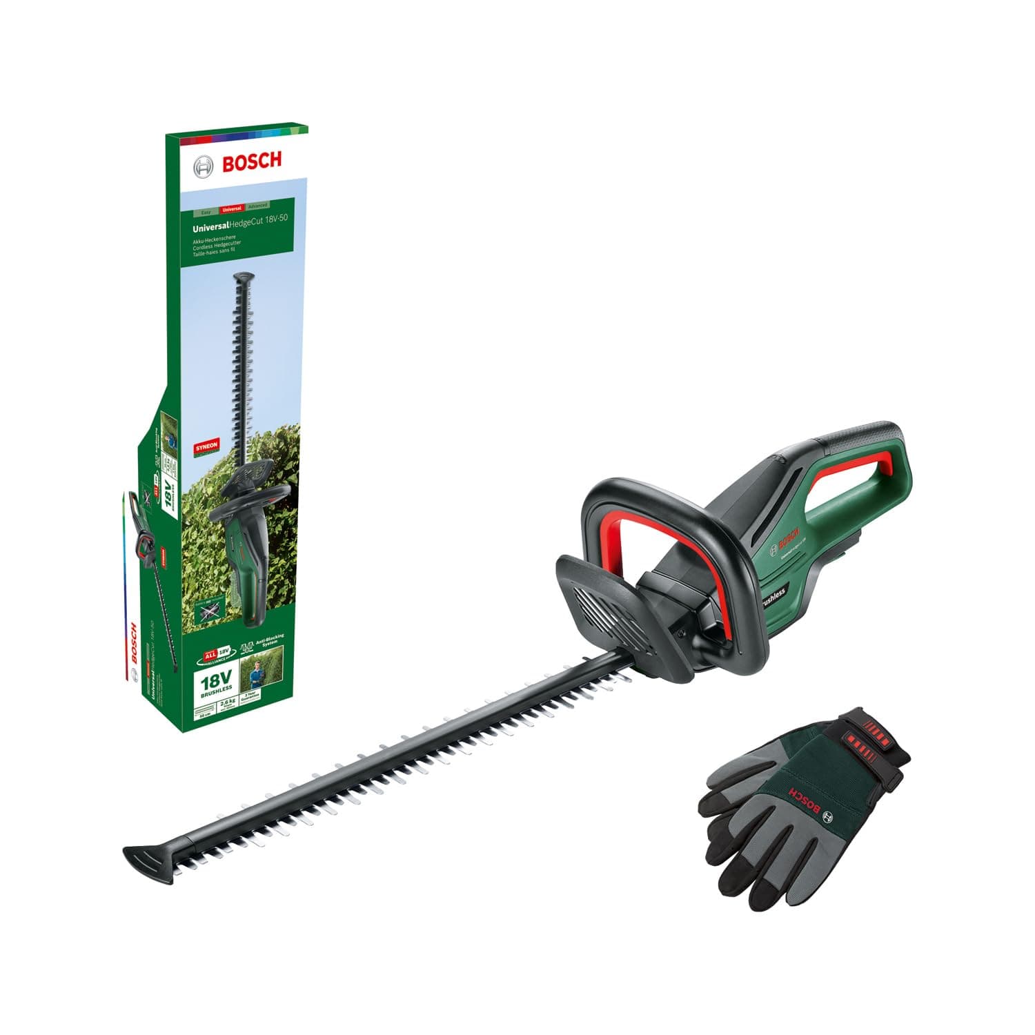Bosch Cordless Hedge Cutter UniversalHedgeCut 18V-50 (Without Battery, 18 Volt System, Brushless Motor, Blade Length: 50 cm, with XL Gardening Gloves Included, in Carton Packaging) – Amazon Edition