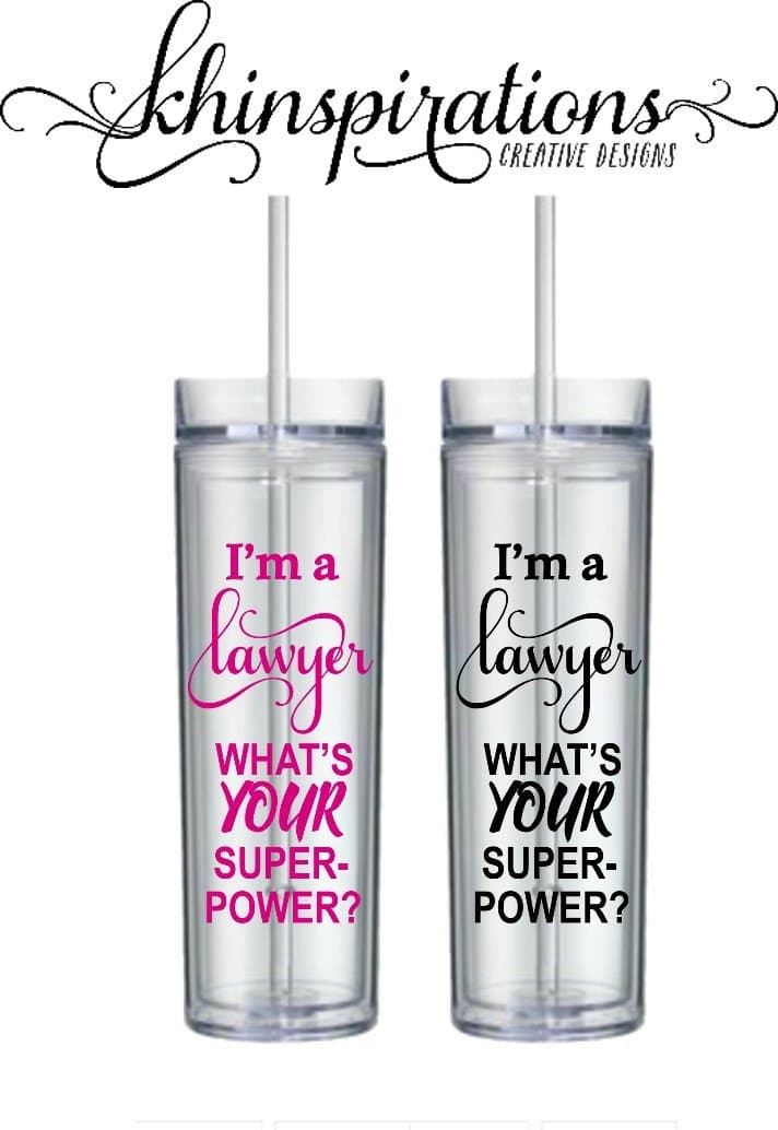 Khinspirations - Law School Graduation Gift for Lawyers Student Lawyer Travel Skinny Tall Tumbler Cup Mug with Straw Clear Pink Teal Mint Aqua Black Law Student Gift