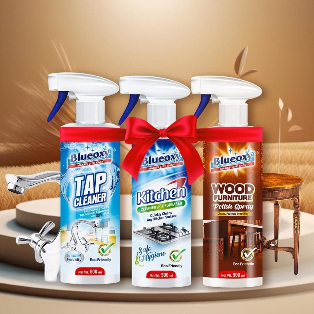 Wood Furniture Polish Spray 500ml + Blueoxy Tap Cleaner in Kitchens & Washrooms 500 ml + Blueoxy Kitchen Cleaner & Degreaser for All Kitchen Surfaces 500 ml (Combo Pack of 3)