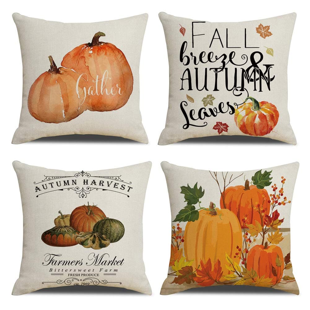 Watercolor Pumpkin Throw Pillow Covers Autumn Harvest Thanksgiving Day Christmas Décor Farmhouse Pillow Case Cushion Cover Square 18" x 18" Set of 4 (Pumpkin-4 Pack)