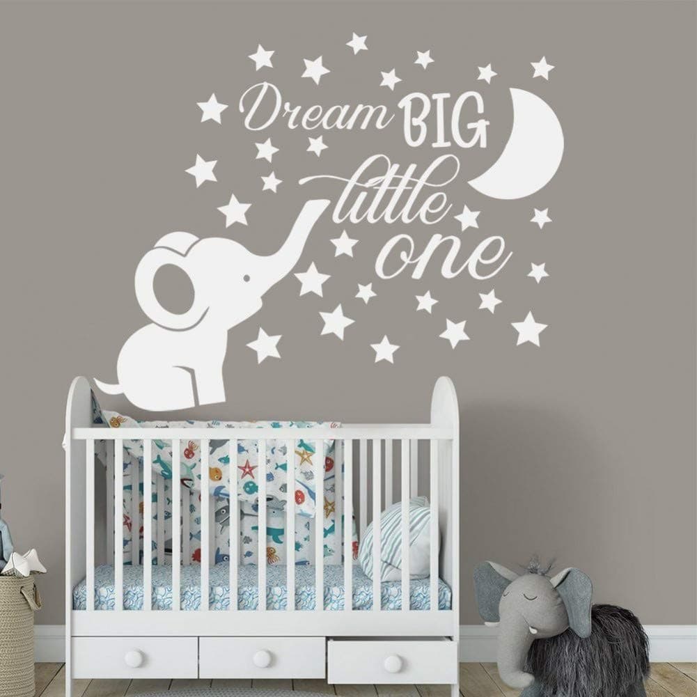 MWLSW Wall Sticker Elephant Nursery Wall Decal Baby Boy Room Decor Dream Big Little One  Wall Vinyl Stickers Moon and s Decals Kids D885