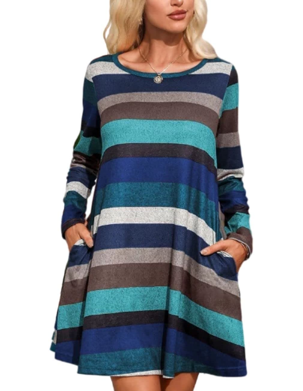 Women's Long Sleeve Striped Tunic Tops for Leggings Casual Swing Dress with Pockets