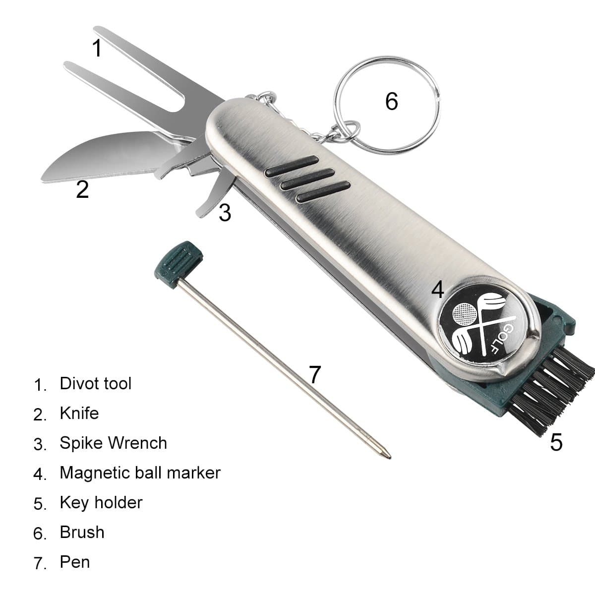 Stainless Steel 7-In-1 Multi-Function Golf Tool Aeola