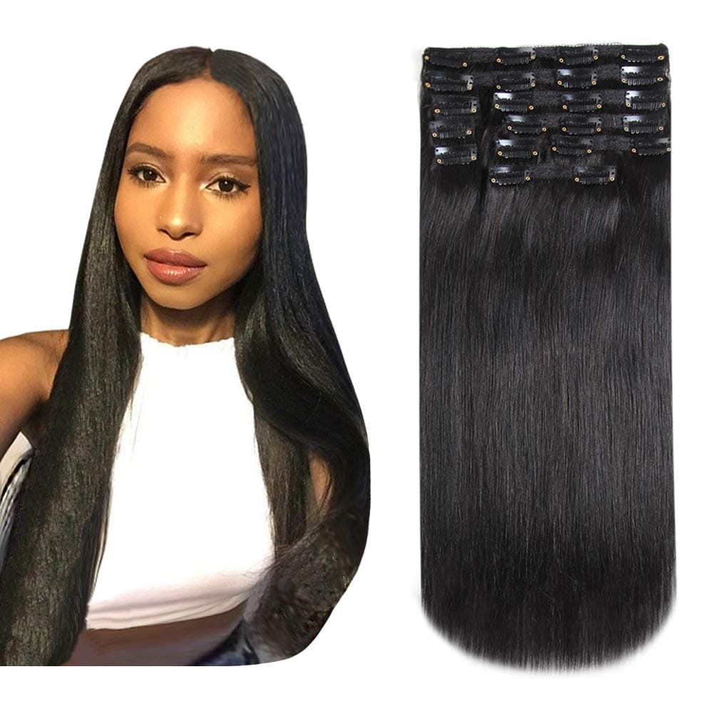 HEESAGA Clip in Real Human Hair Extensions, 14 Inch 120 Grams/4.2 Ounce 10 Pieces with 22 Clips per Set (#1B Natural Black)