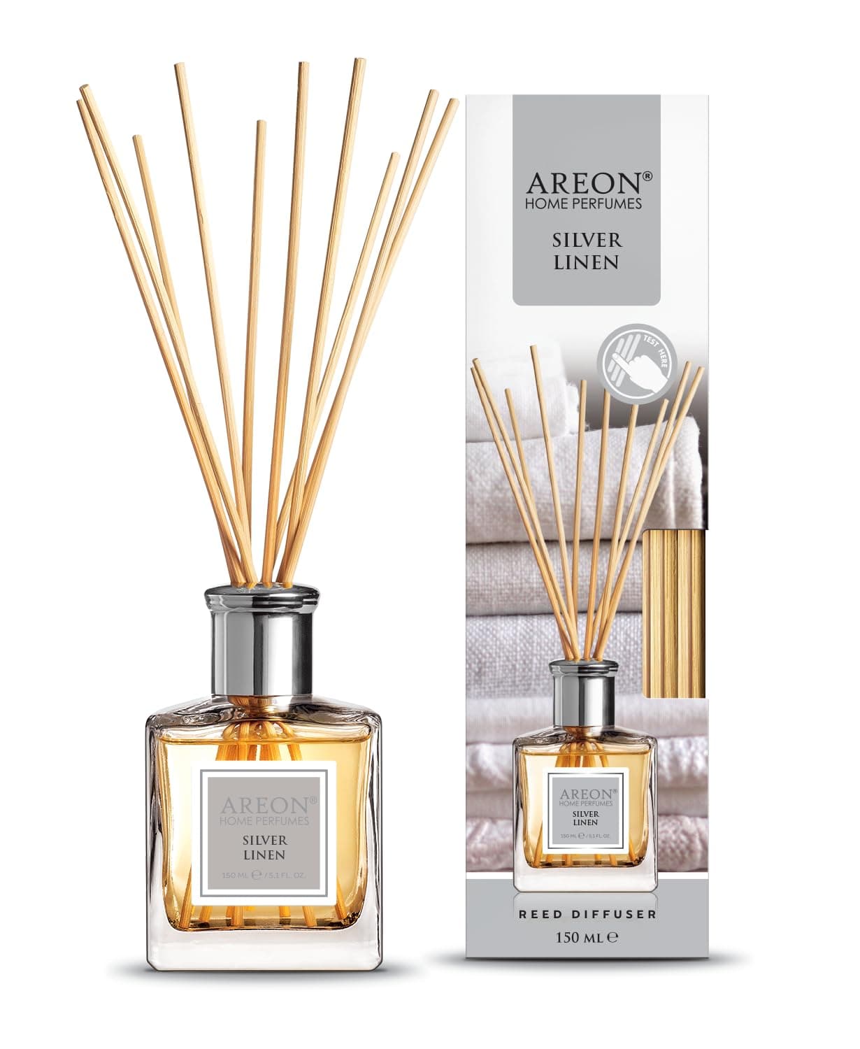 Areon Reed Diffuser/Silver Linen / 150ml / 1 Pack/Perfume for Home or Office Long Lasting Aroma Reed Stick Kit for Diffuser