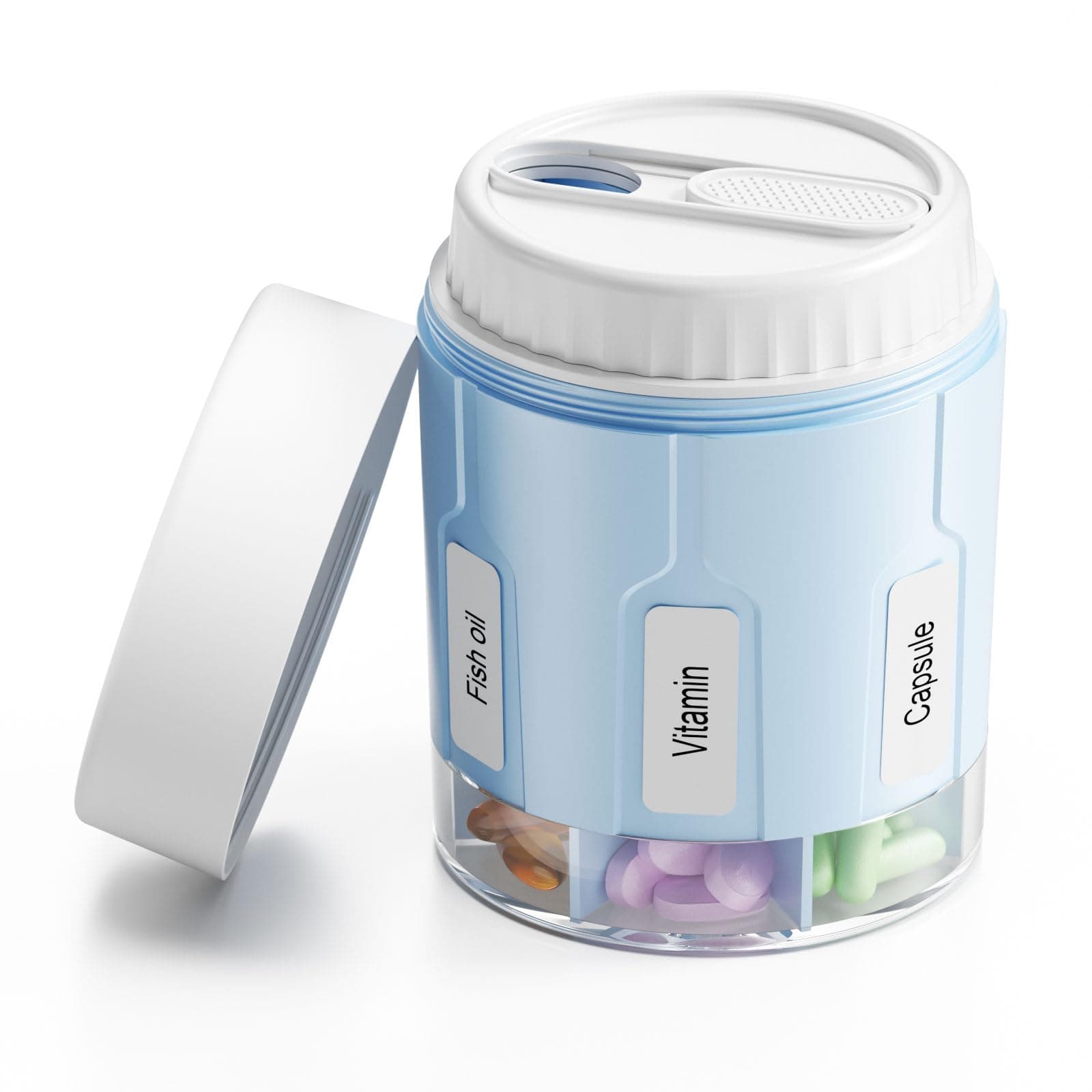 DavikyPill Bottle Organizer, Supplement Organizer with 7 Large Compartments, Travel Pill Dispenser Round Pill Box with Two Lids（Blue）