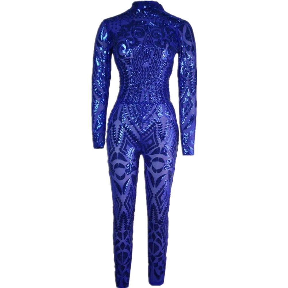 VIVOSKY Women Sequin Jumpsuits Geometric Tattoo Bodycon Club Rompers Bodysuit
