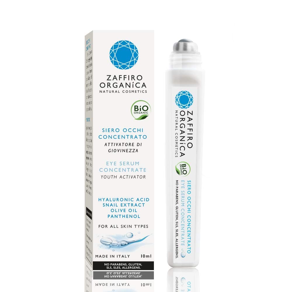 Zaffiro Organica BIO Roll on Eye Serum anti aging, for wrinkles and puffiness. With VITAMIN C, HYALURONIC ACID AND EXTRACT OF SNAIL SLIME ◦ immediate results| For men and women 10ml - Made in Italy