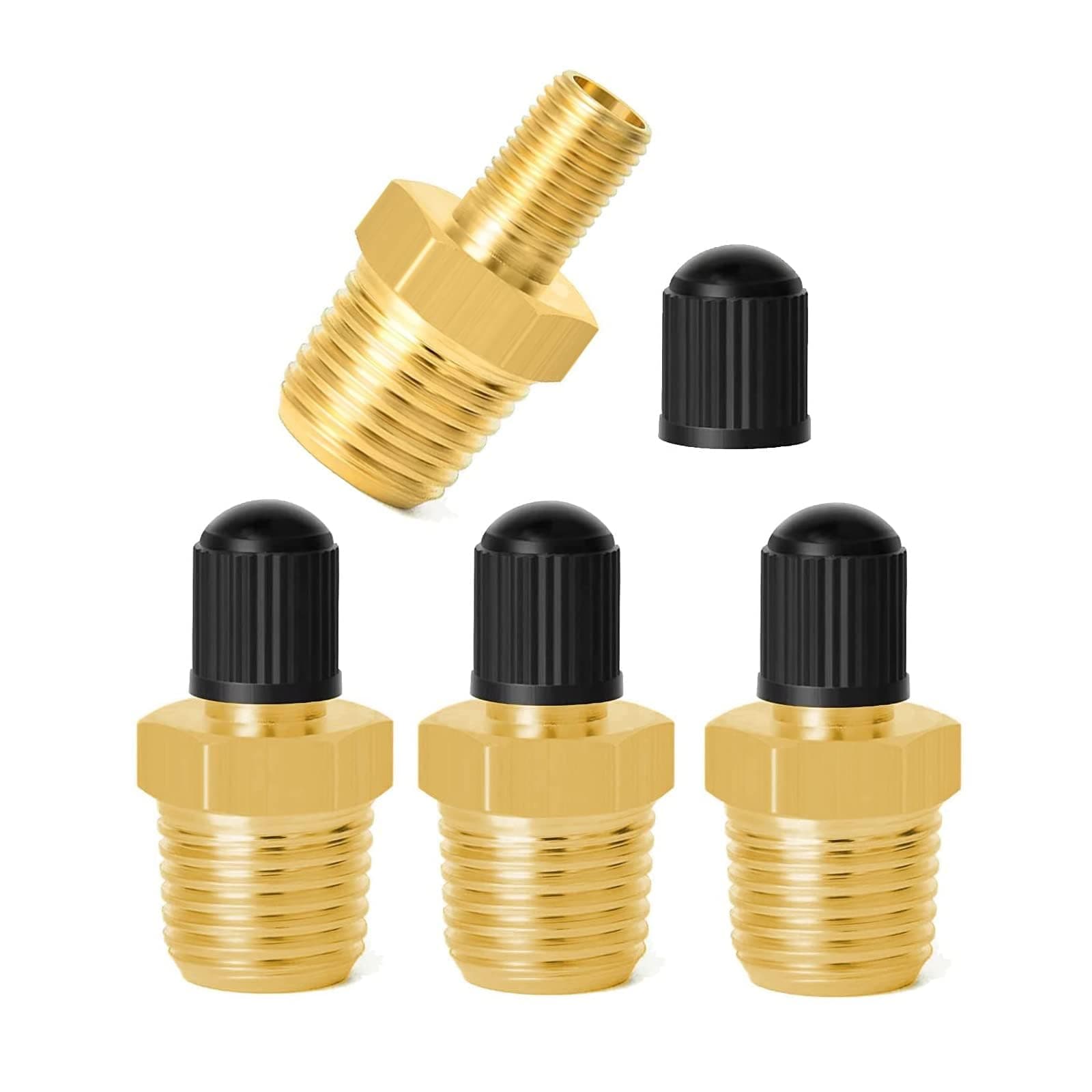 NALACAL 1/4 Inch NPT Tank Valves, Anti-Corrosion Brass Schrader Valve with 1/4" Male NPT Standard Thread Core and Cap, Car Air Valve, Air Compressor Tank Fill Valves Air Tool Fittings(4Pcs)