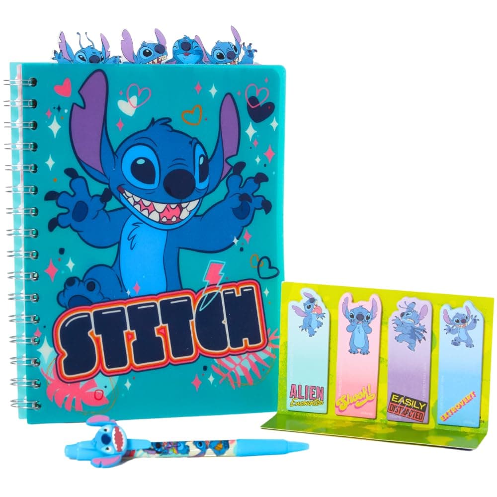 Disney Stitch Tab Journal Spiral Notebook, Ballpoint Pen, Sticky Tabs, 96 Lined Pages, Blue