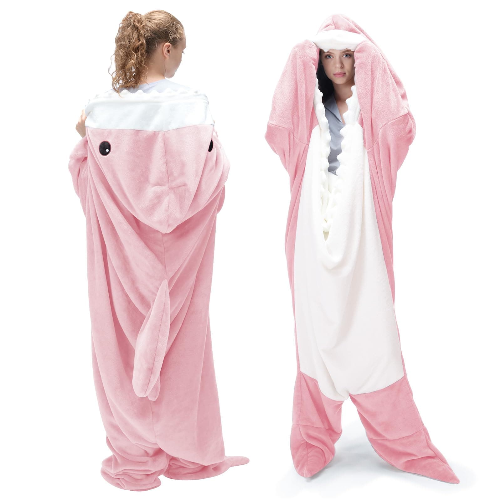 Touchat Shark Blanket Hoodie Onesie, Wearable Blankets Hoodie Adult, Warm Flannel Throw Blanket Tail Sleeping Bag, Cartoon Costume Shark Onesie Funny Gifts for Adults (Pink,M)