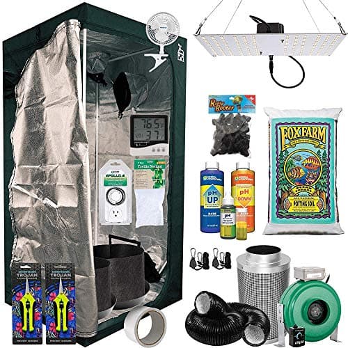 Plant House Indoor Complete Grow Tent Kit with Horticulture Lighting Group HLG 100 V2 4k Quantum Board LED Light, Fox Farm Potting Soil, Fan Kit, Fabric Pots and Accessories