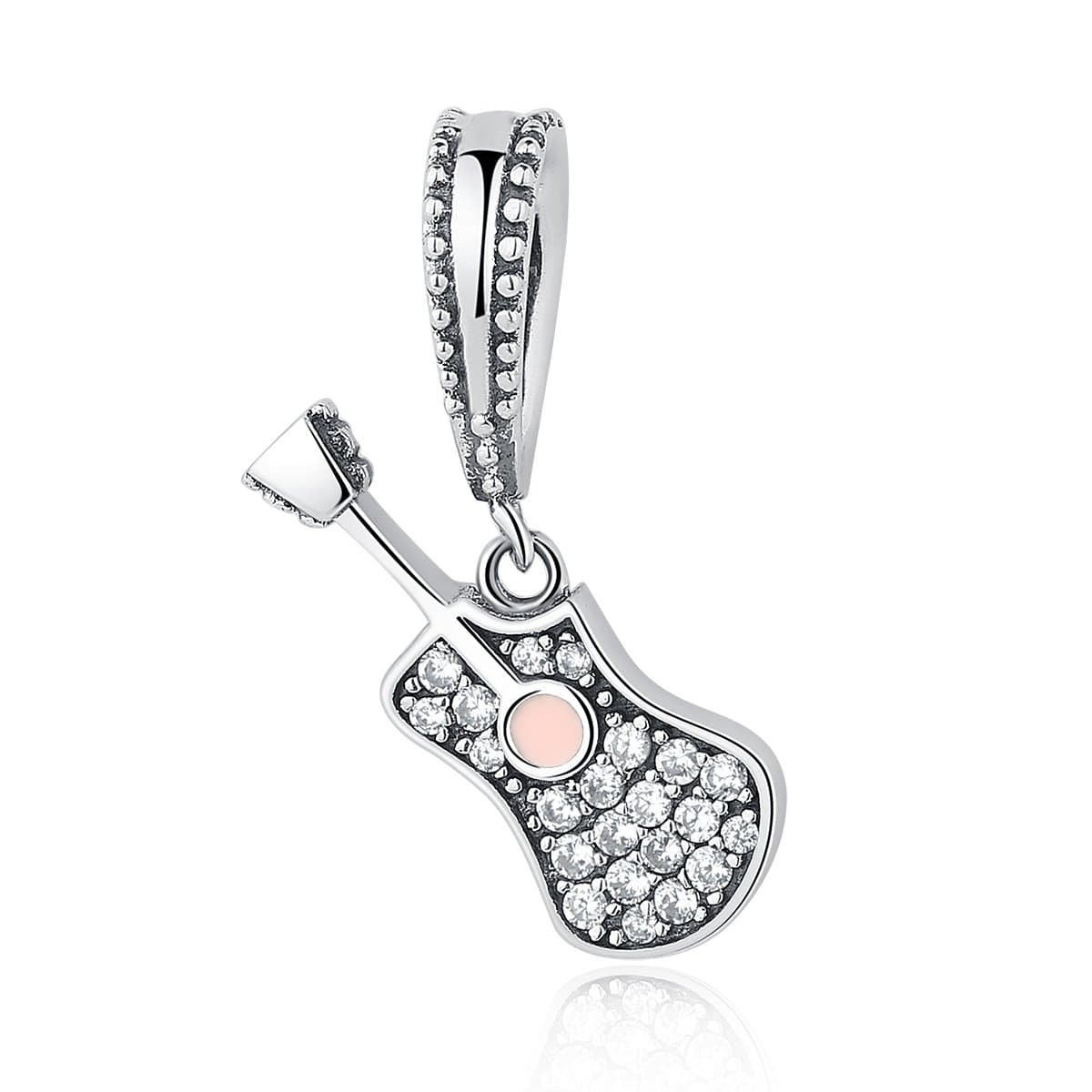CHENGMEN Guitar Music 925 Sterling Silver Pendant Charms for Bracelets Musical Pink Enamel Bead Charm Jewellery