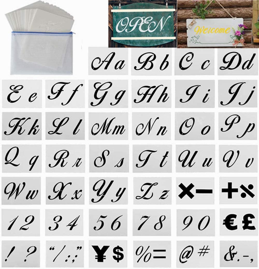 40 Pieces Painting Letter Stencils on Wood,Reusable Washable Plastic Art Stencils Template with Calligraphy Font Uppercase and Lowercase Alphabet, Numbers and Signs with Portable Zipper Bags。