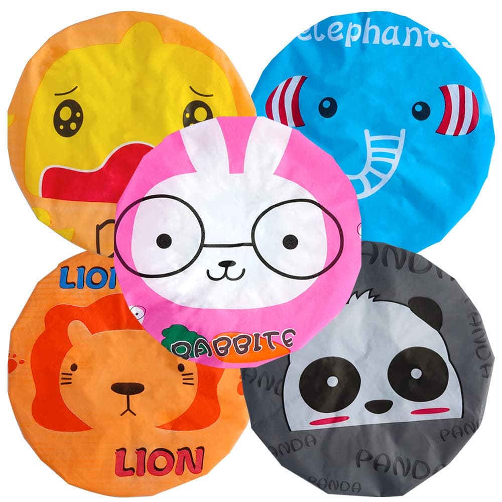 DHE Animal Cartoon Waterproof Elastic Shower Cap Bath Cap for Women and Girls and Kids-5pack