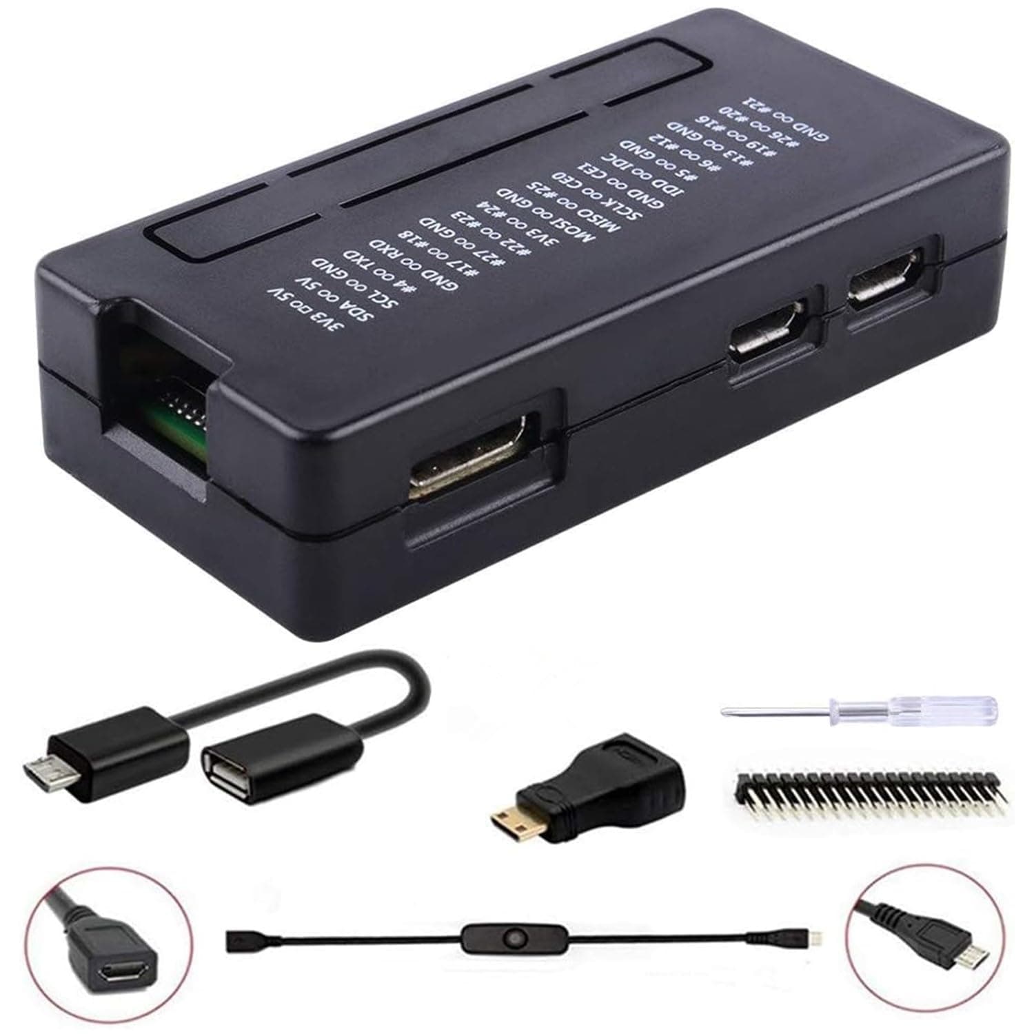 Geeekpi Pi Zero 2 W Case/Zero Case, 7 In 1 Basic Starter Kit With 20Pin Gpio Header, Otg Cable, Switch Hdmi Adapter And Screwdriver For Raspberry W/Zero (Black)