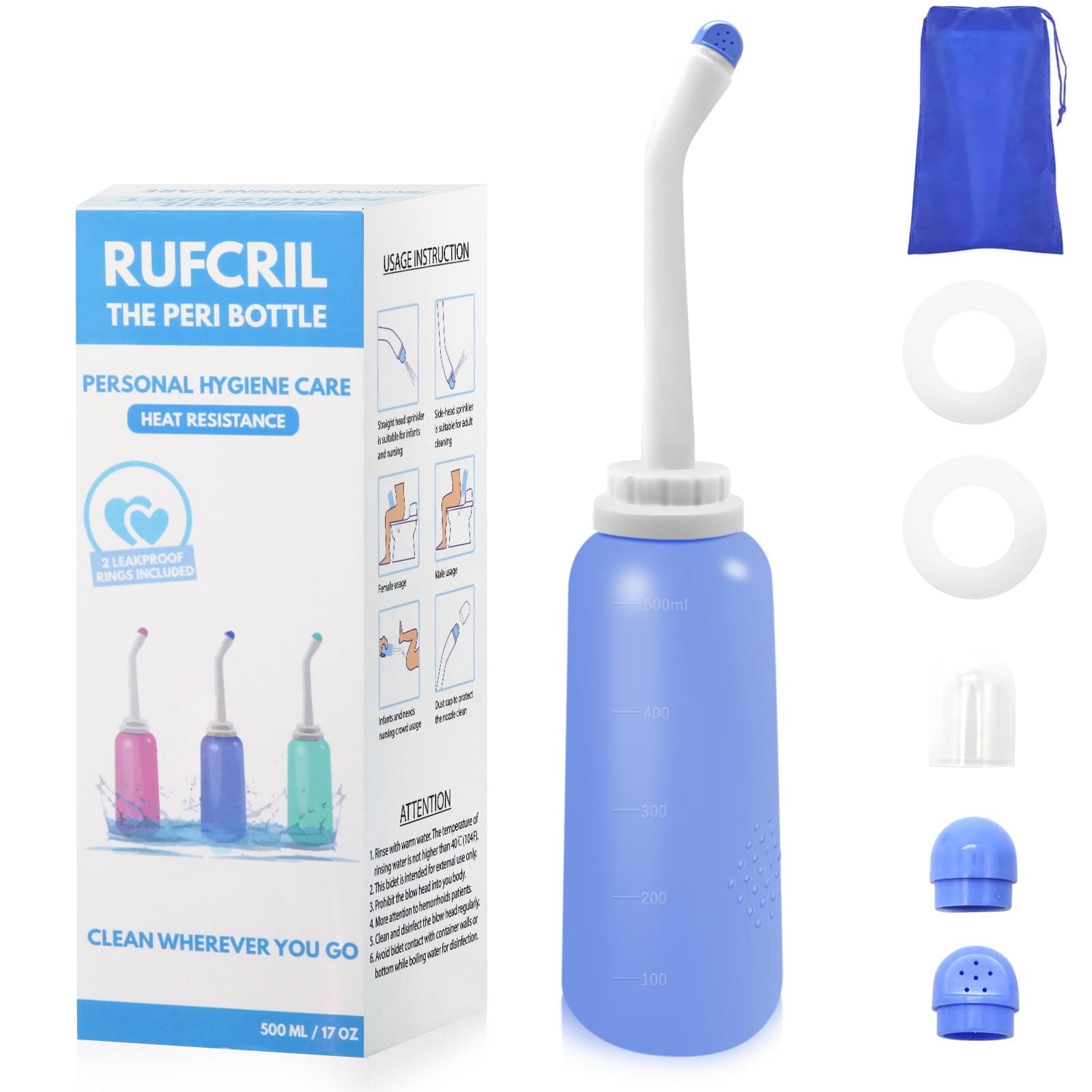 RUFCRIL Peri Bottle, Portable Travel Bidet with Bag, TPE Material Can Be Boiled, 17oz/500ml with 2 Sealing Rings,Essentials for Postpartum Perineal Care,Hemorrhoid Treatment,and Baby(Blue)