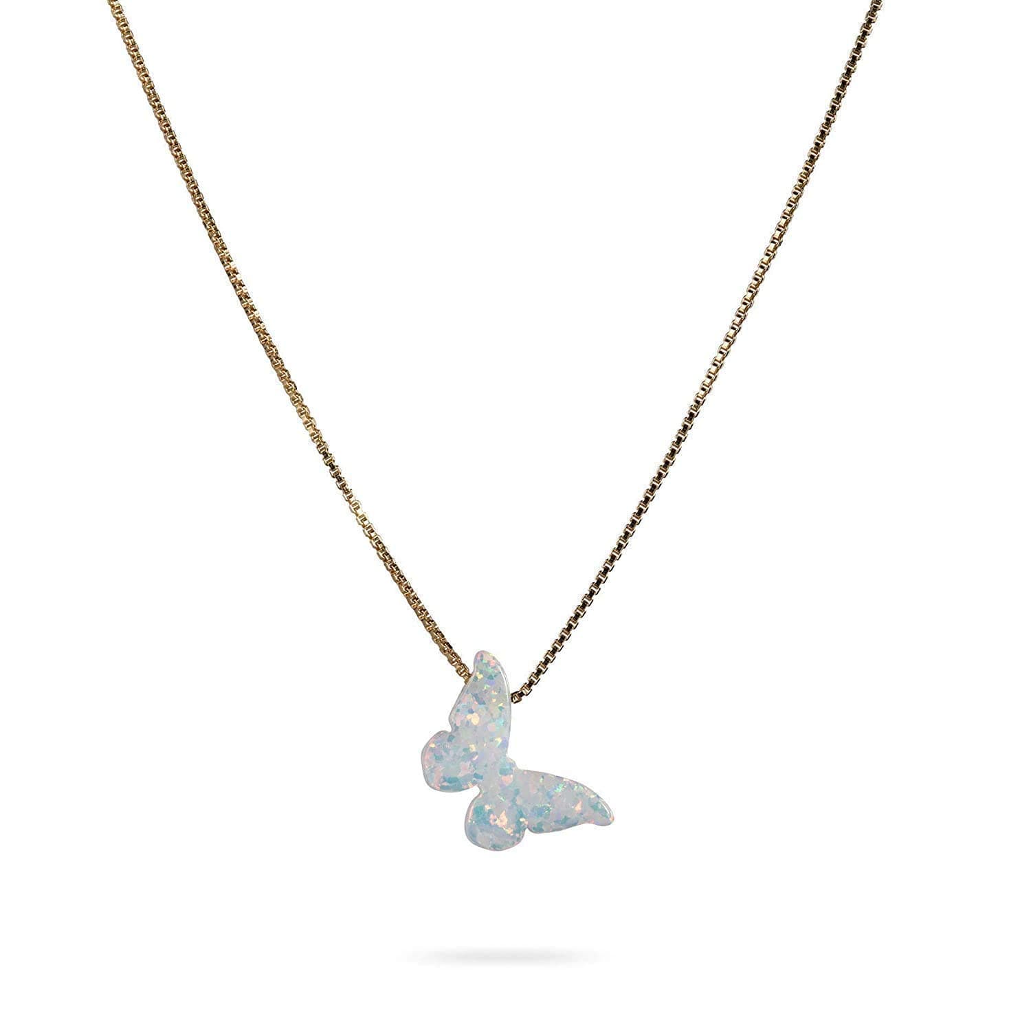 White Opal Butterfly Necklace Gift for Women Girl Delicate Opal jewelry Gold Filled Box Chain