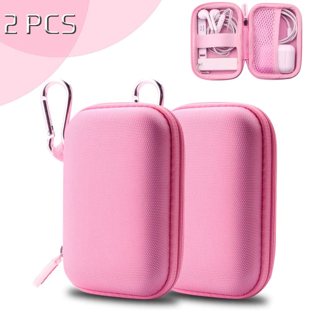 Pink Earbud Case Earphone Carrying Case Headphones Protective Case Mini Storage Carrying Case Travel Pouch with Carabiners - 2 Pack