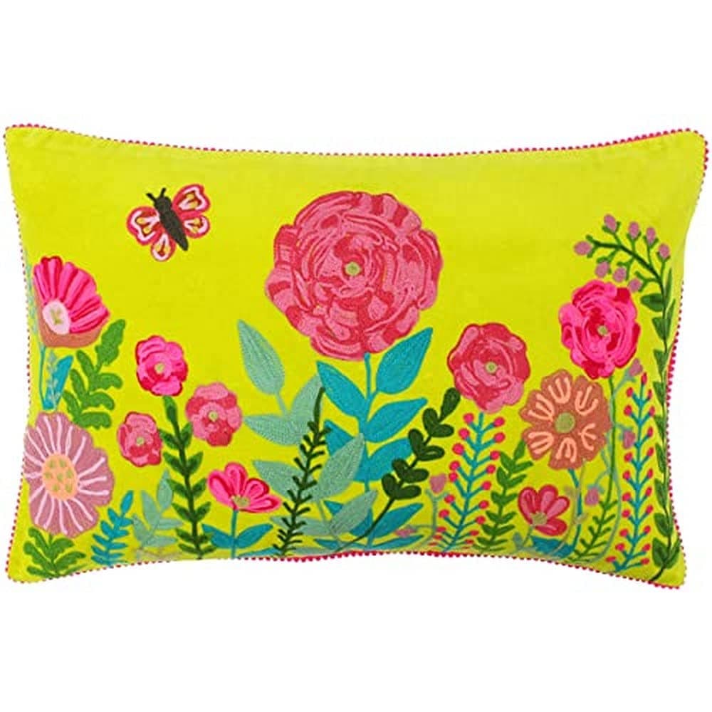 Riva Paoletti Country Garden Cushion Cover Lime Green Embroidered Floral Design Faux Velvet Front Pink Mini Pom Trim Secure Zip Closure 100% Cotton 40 x 60cm (16" x 24" inches)