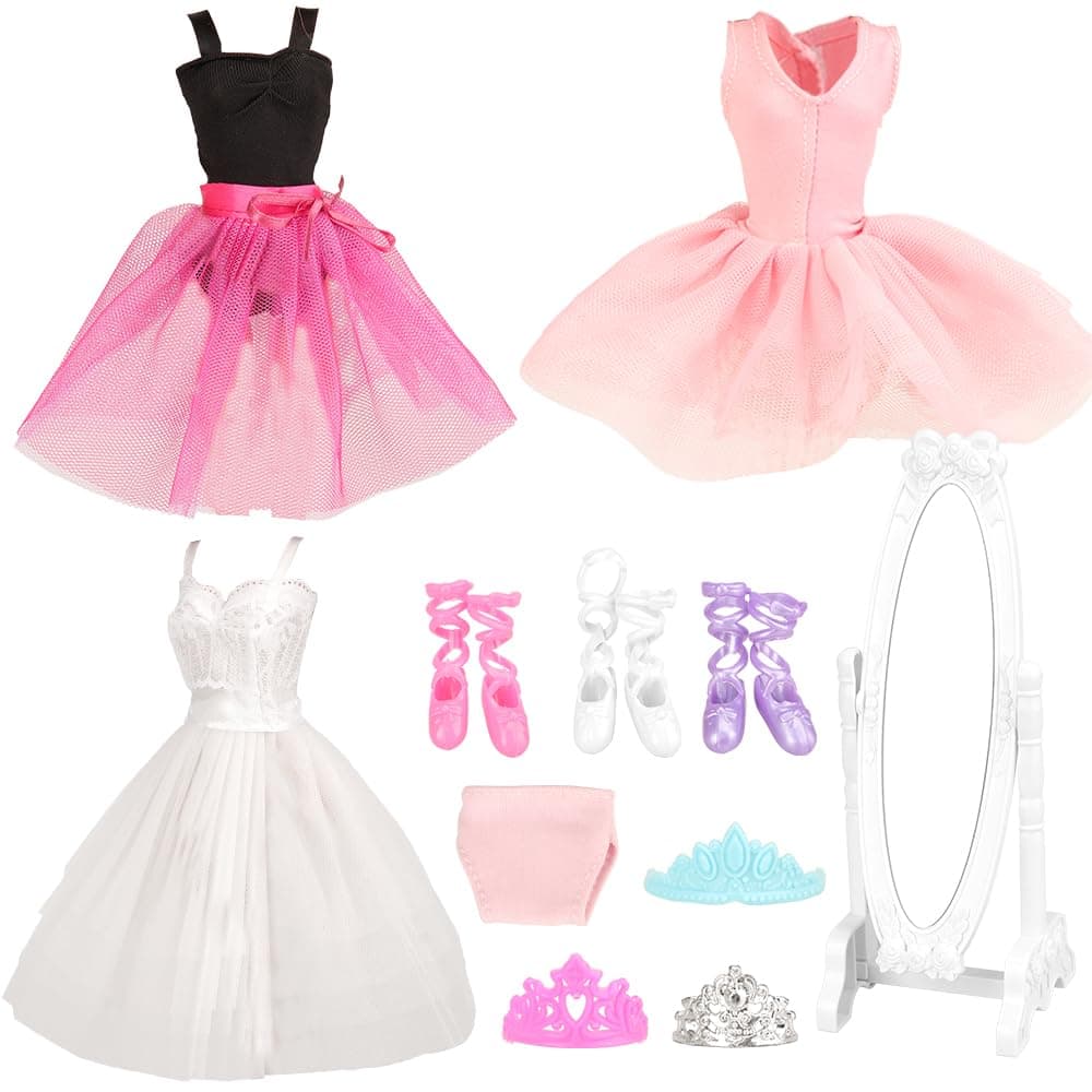 3 Sets Ballerina Doll Clothes Ballet Outfits Dance Dresses Costume Mirror Tutu Skirt with 3 Shoes 3 Crown Accessories for 11.5 inch Girl Doll