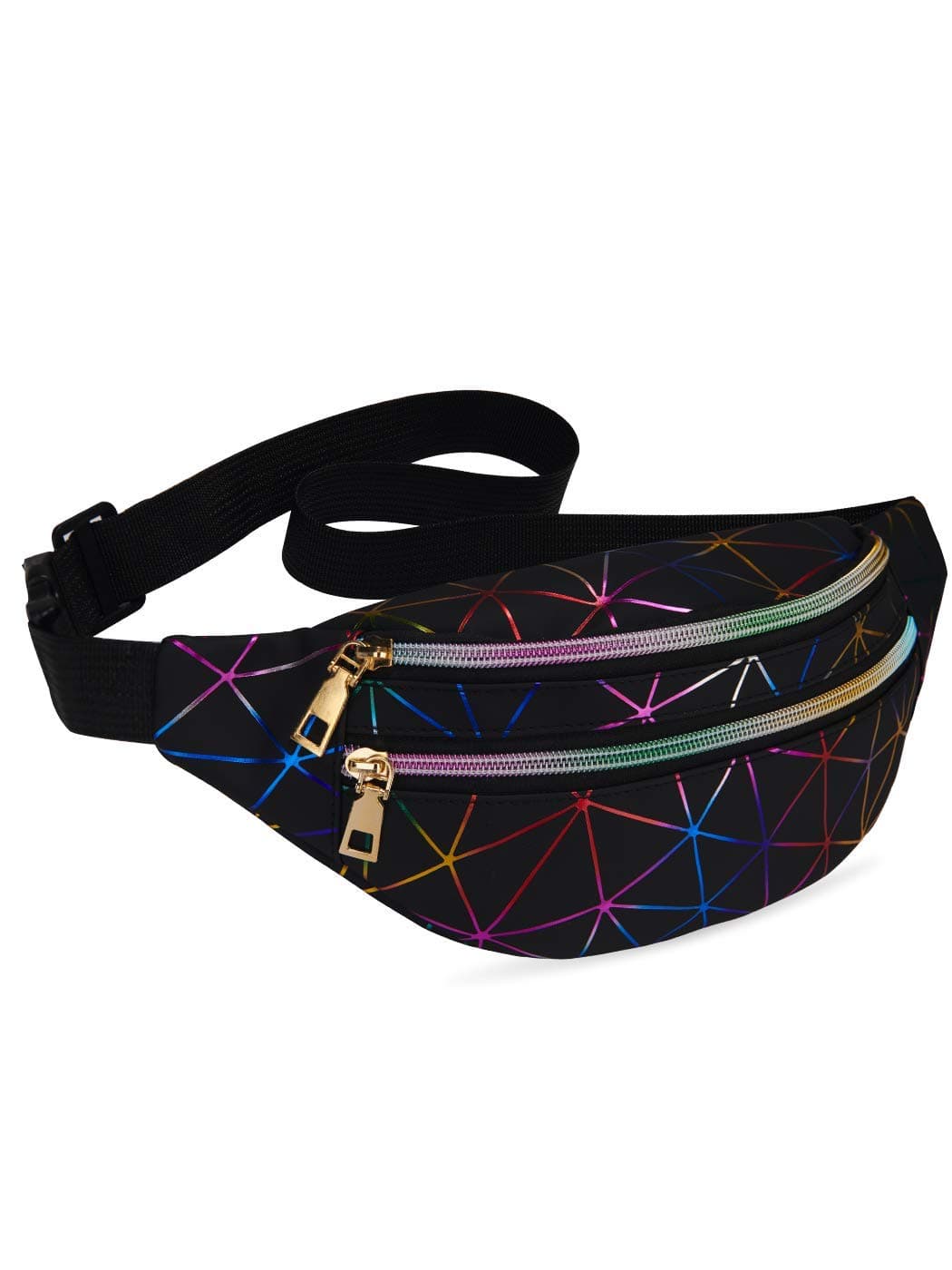 Black Fanny Packs for Women Waterproof Holographic Waist Packs Shiny with Adjustable Belt Diamond Lattice Pattern for Party Festival Trip