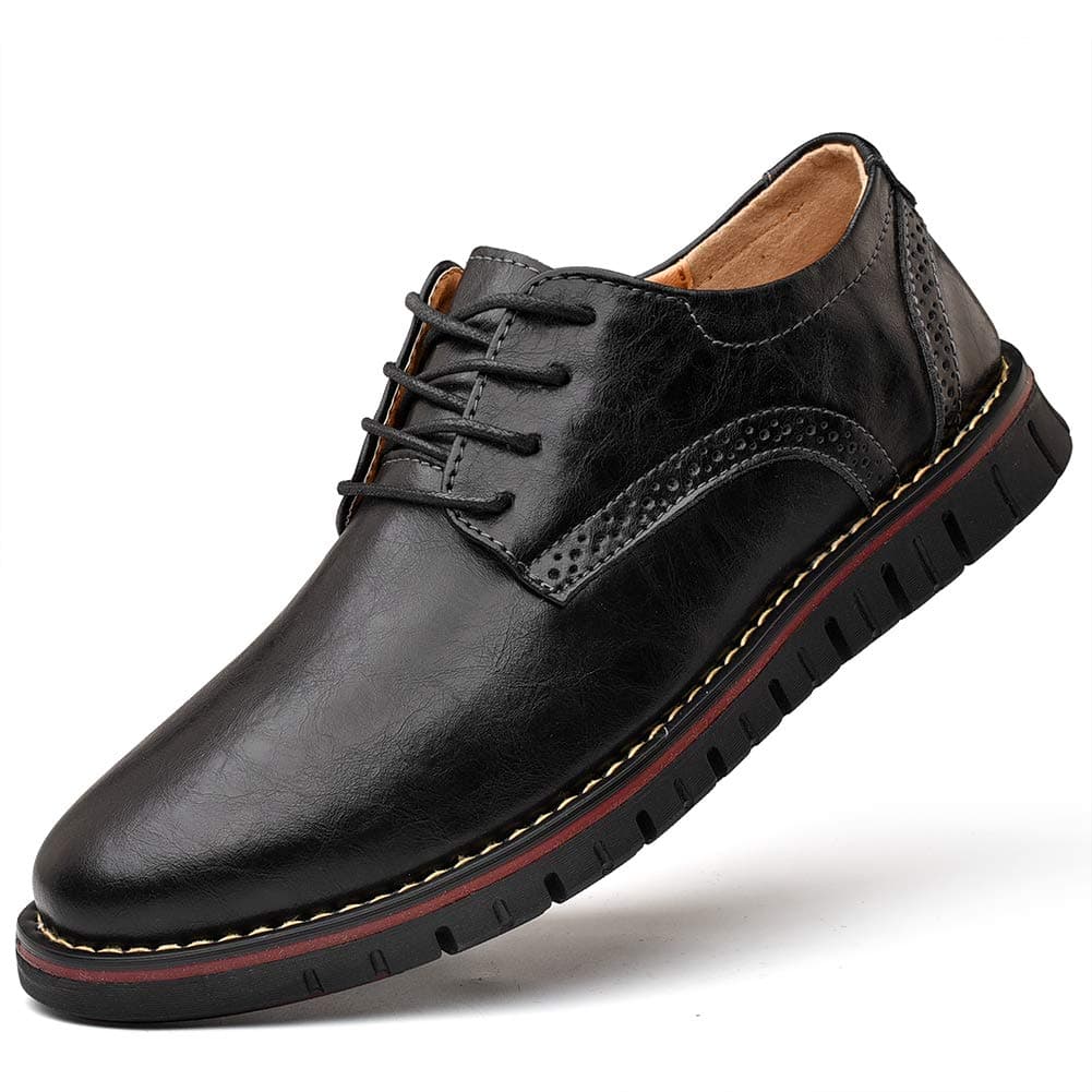 Men`s Causal Leather Oxford Classic Formal Dress Shoes Round Toe Lace up Loafers Walk Business Oxford Black Size: 9.5