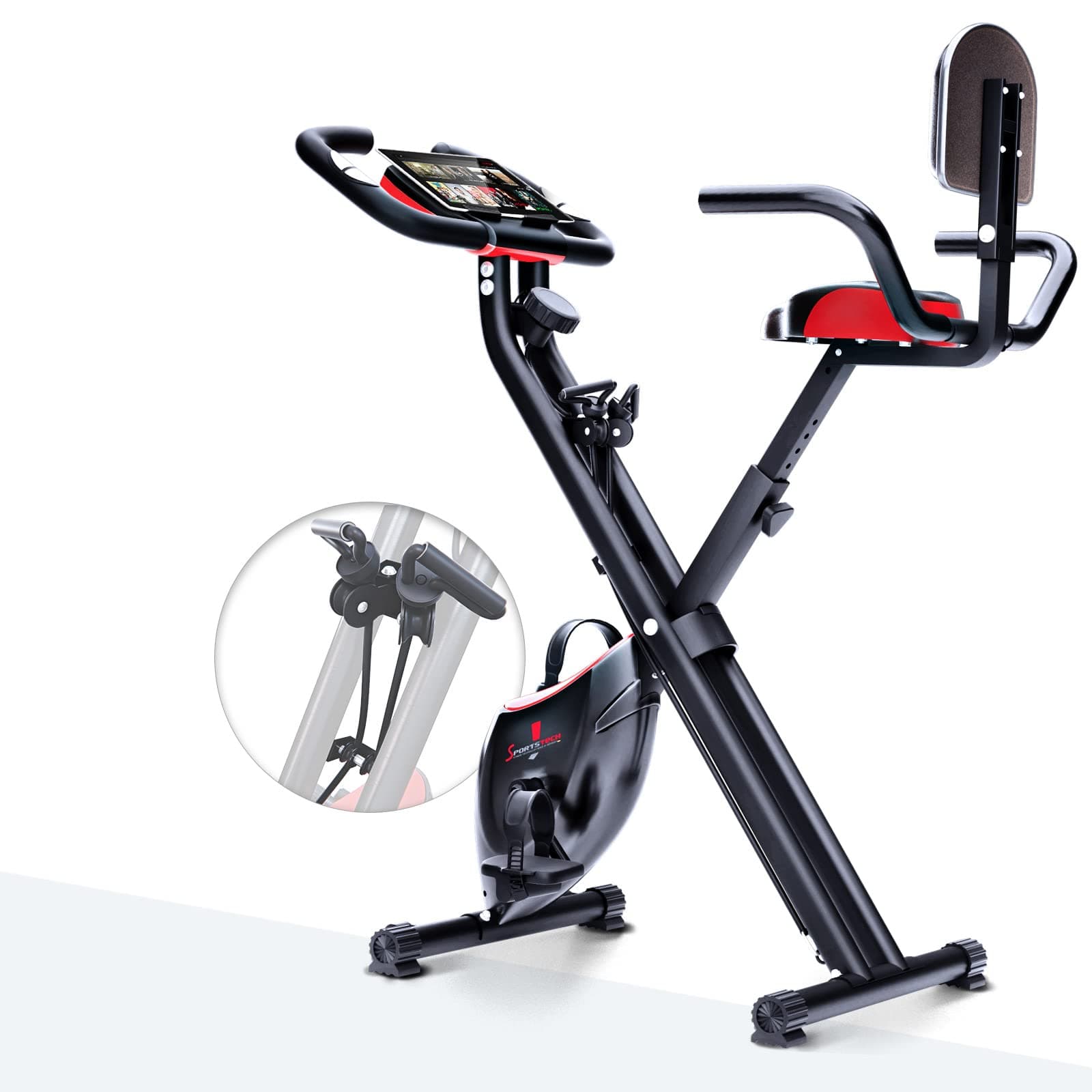 Sportstech F-Bike X100 Fitnessbike - X Bike - Home Trainer - patented resistance band system - Hand pulse sensors - Ergometer - exercise bike with tablet holder - Foldable Fitness Indoor bike