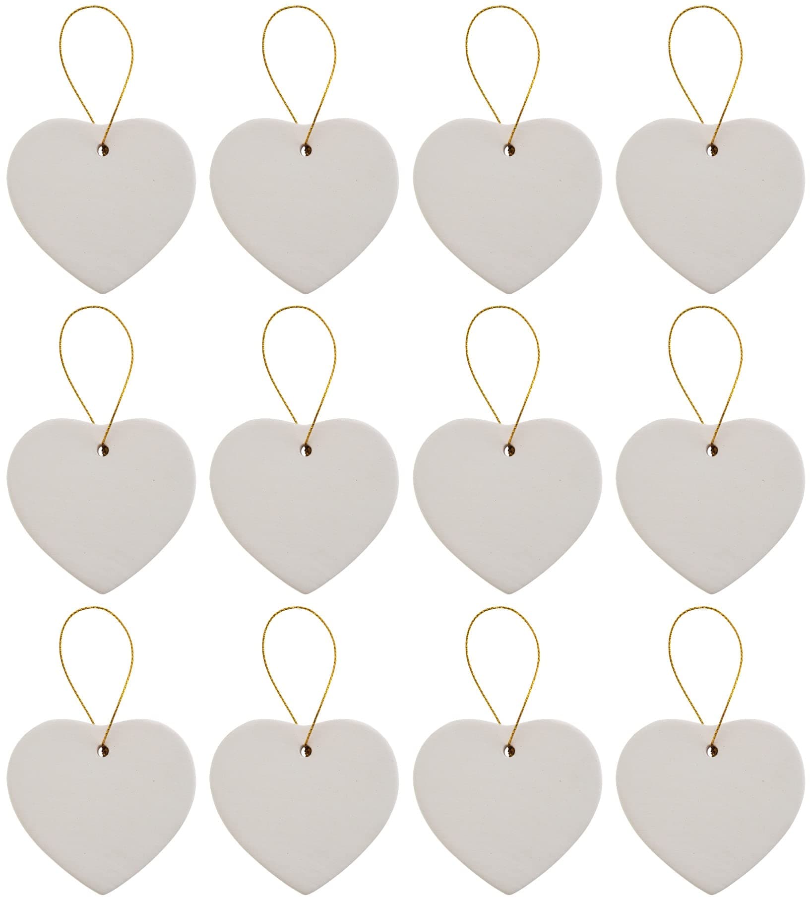 Ready to Paint DIY Ceramic Bisque Heart Ornaments with Hanger for Christmas Tree and Holiday Decoration | Pack of 12