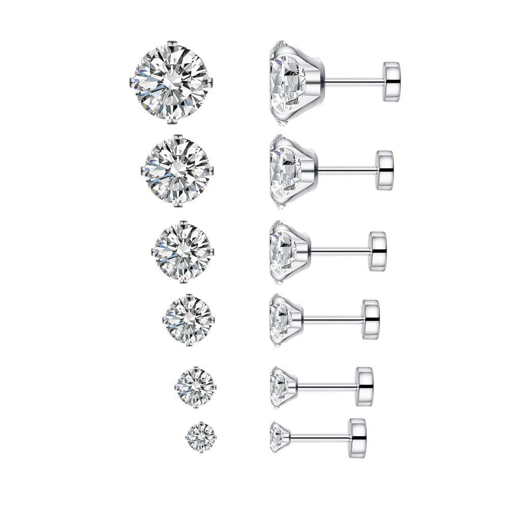 IMINI6 Pairs 18G Stainless Steel Cubic Zirconia Stud Earrings for Women Men Cartilage Ear Piercings Helix Tragus Flat Screw Backs 3mm 4mm 5mm 6mm 7mm 8mm Set