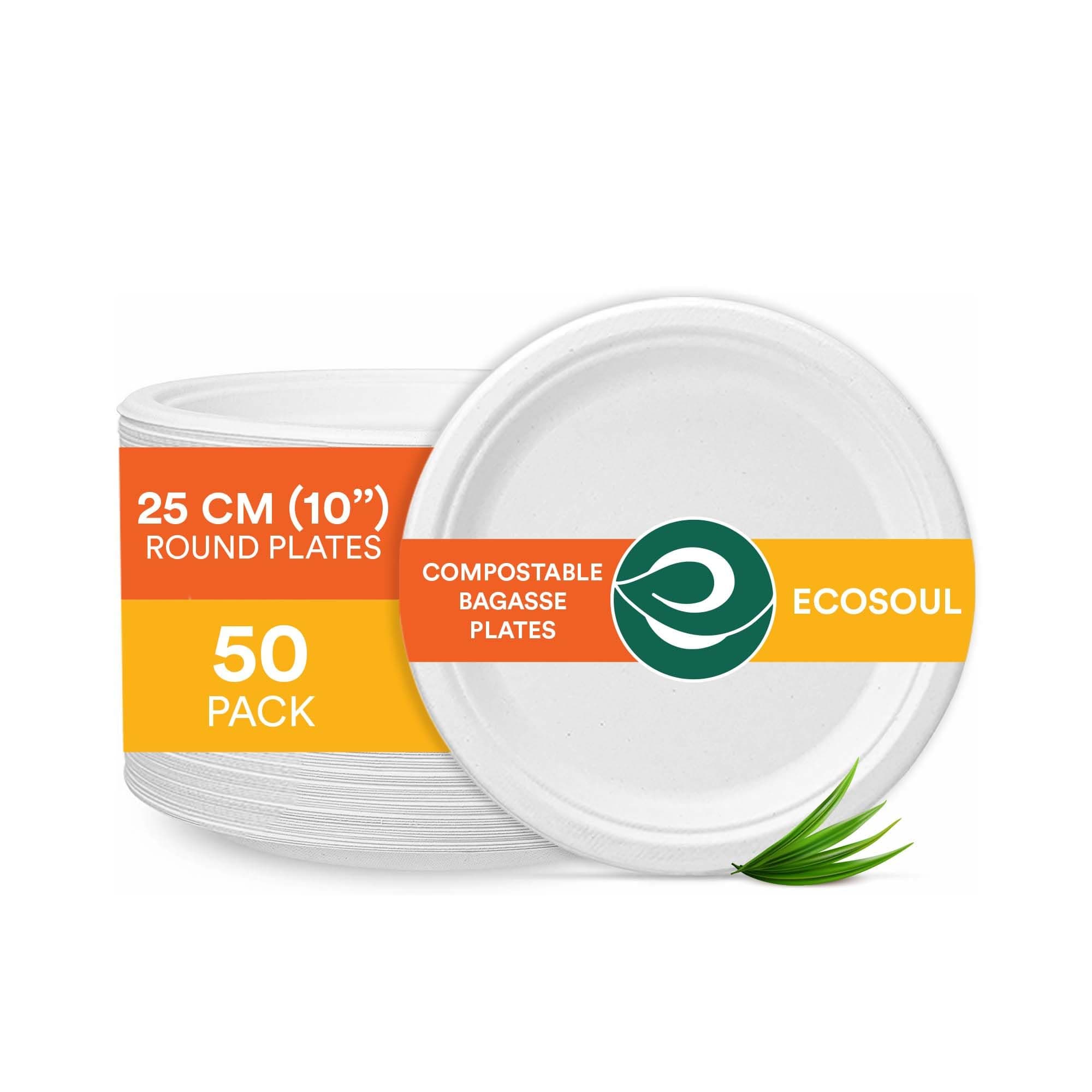 ECO SOUL [10 inch, 50 Pack] Disposable Bagasse Plates | Eco-Friendly, Biodegradable, Sugarcane Paper Plates | for Serving Snacks | Birthday, Wedding & Party | Round, White (25 cm)