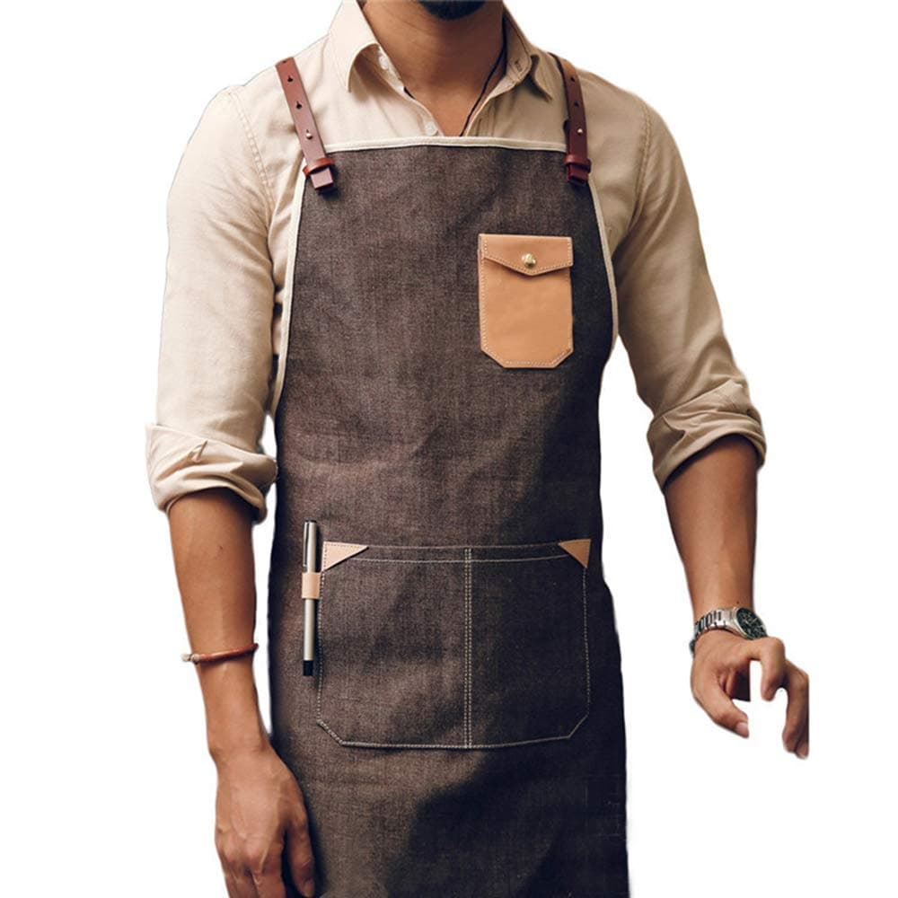 Coffee Shop Restaurant Apron Leather Denim Apron Men and Women Leather Strap Apron,Professional Apron - Durable, Comfortable